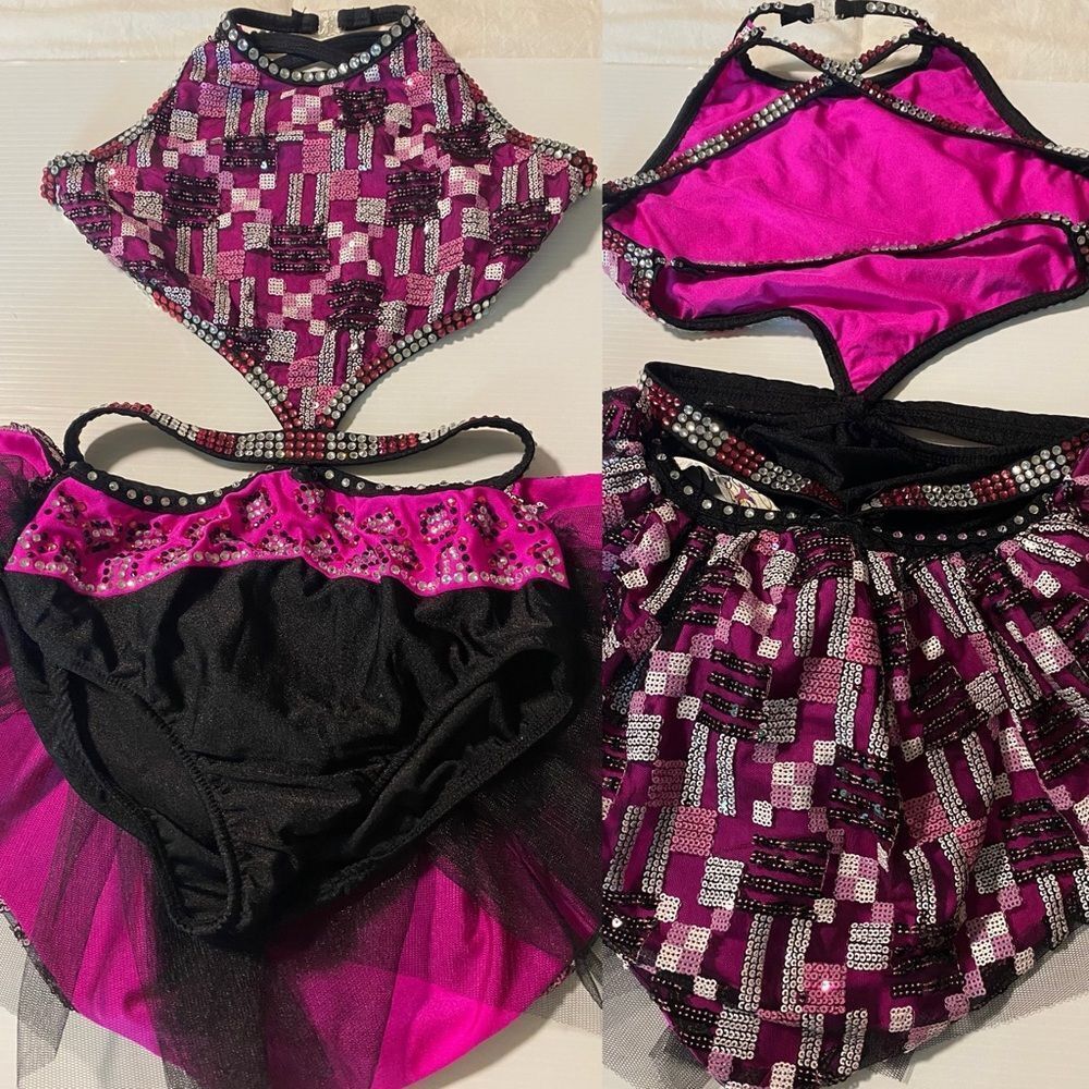 Glamour solo dance costume pink black sequin dress XLC-Extra large child NWOT
